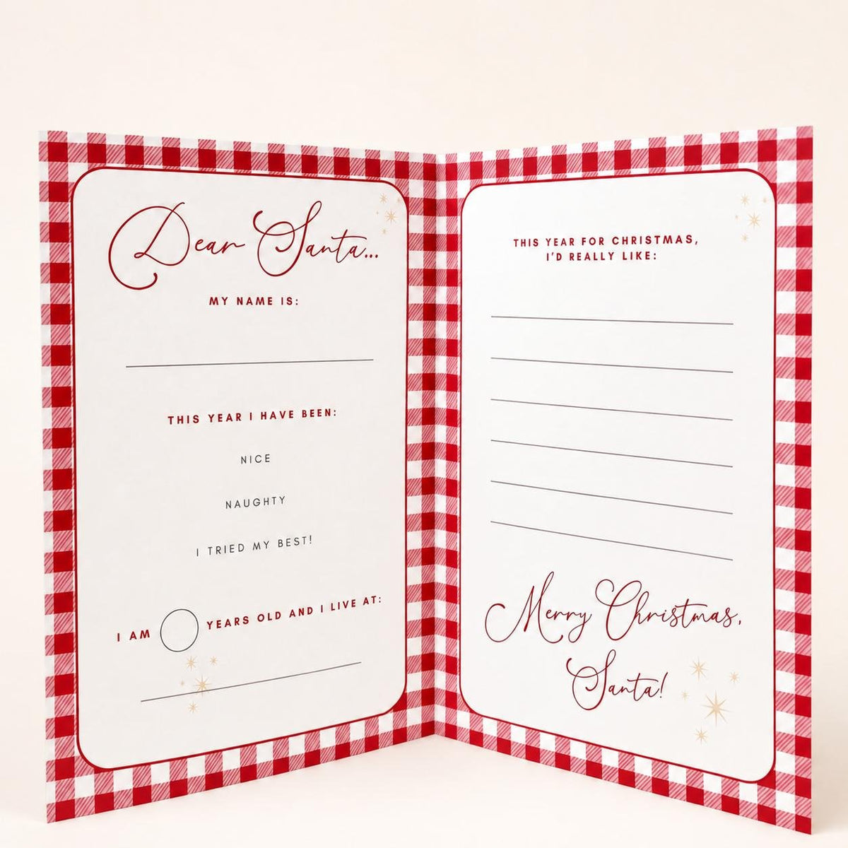 Letters to Santa printed card open inside, Dear Santa wish list pages with red gingham border, KWC4812