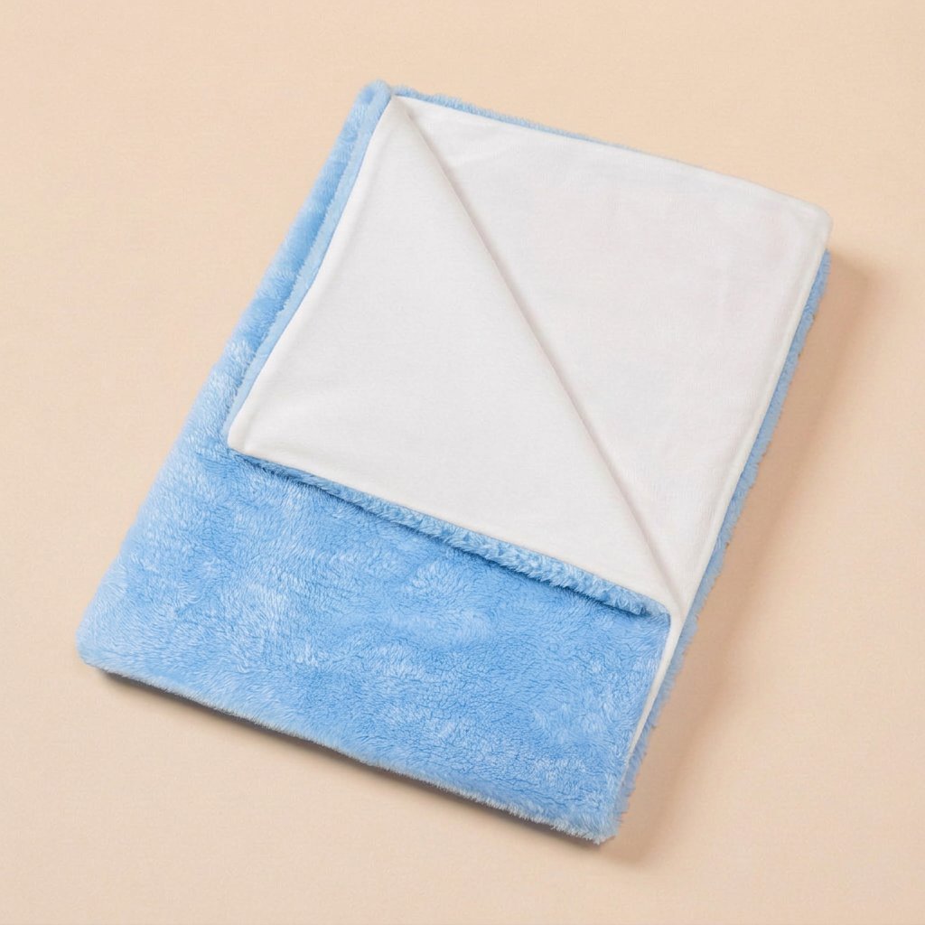 Blue reversible polyester fleece blanket shawl folded to show white sublimation side and blue plush side - wholesale blank for sublimation, DTF and HTV, KWC7256B