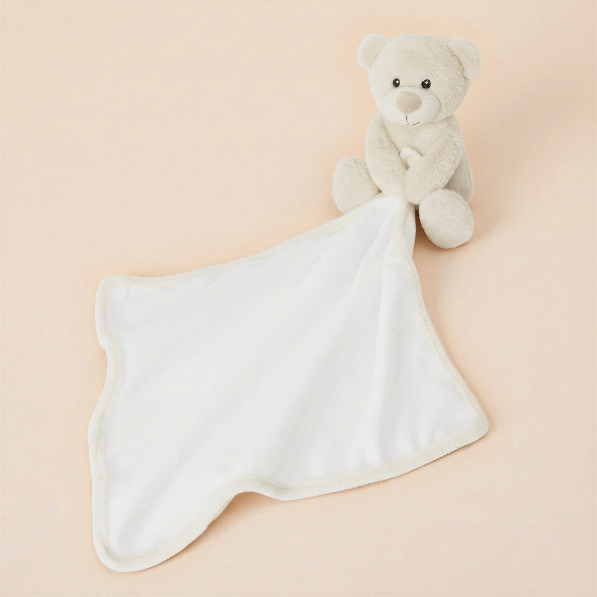 Tummi Bears cream teddy bear comforter with white sublimation blanket and cream trim on a studio background - wholesale blank for sublimation, embroidery and personalisation, KWC3588C