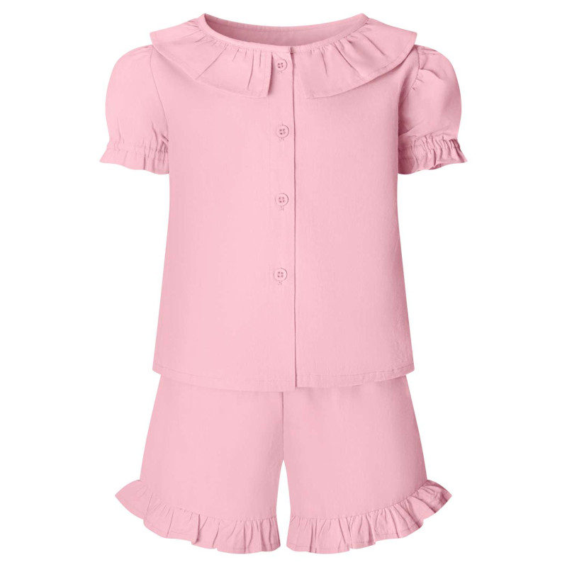 Linen T-Shirt & Short Frill Set in Pastel Pink