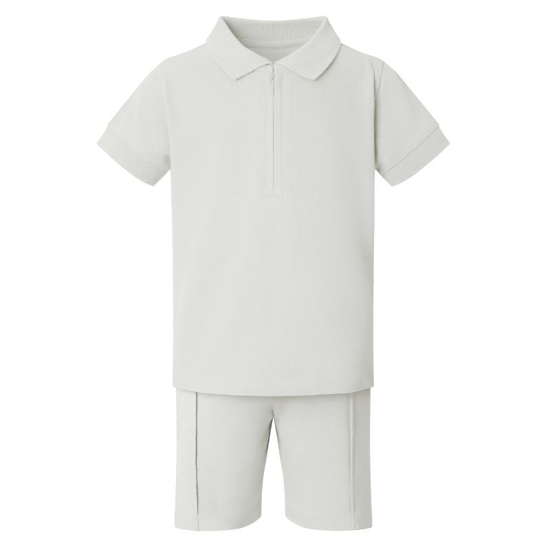 Boy's Zip Neck Polo Shirt and Short Set in Pebble Grey