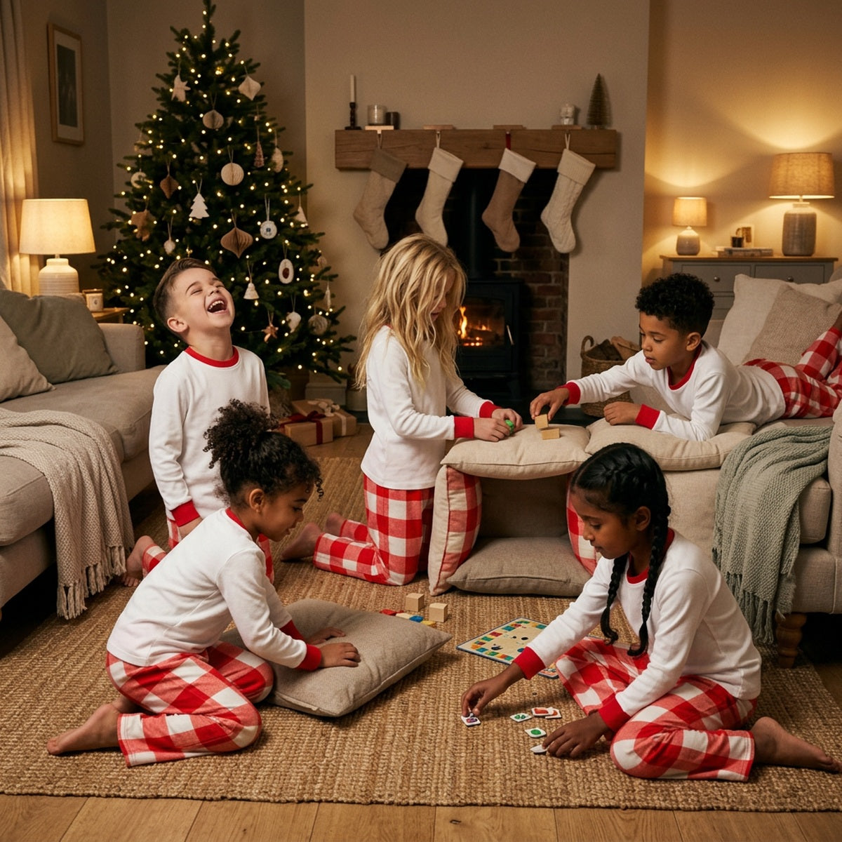 Four children in red check Christmas pyjamas playing by the fire