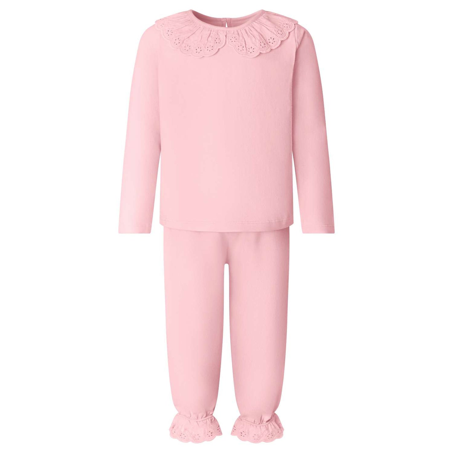 Long Sleeve Frilled Pyjama Set in Pastel Pink fantastic value from Kids Wholesale Clothing, ideal for personalisation with embroidery, DTF, HTV