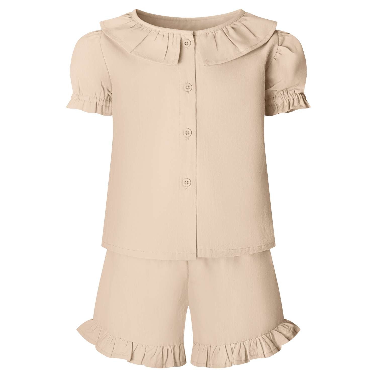 Buy Blank Wholesale Linen T-Shirt & Short Frill Set in Natural by Kids Wholesale Clothing ideal for personalisation with embroidery, HTV, DTF