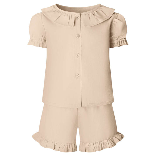 Buy Blank Wholesale Linen T-Shirt & Short Frill Set in Natural by Kids Wholesale Clothing ideal for personalisation with embroidery, HTV, DTF