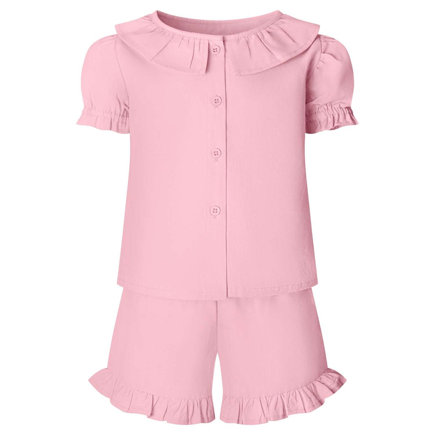 Buy Blank Wholesale Linen T-Shirt & Short Frill Set in Pastel Pink by Kids Wholesale Clothing ideal for personalisation with embroidery, HTV, DTF