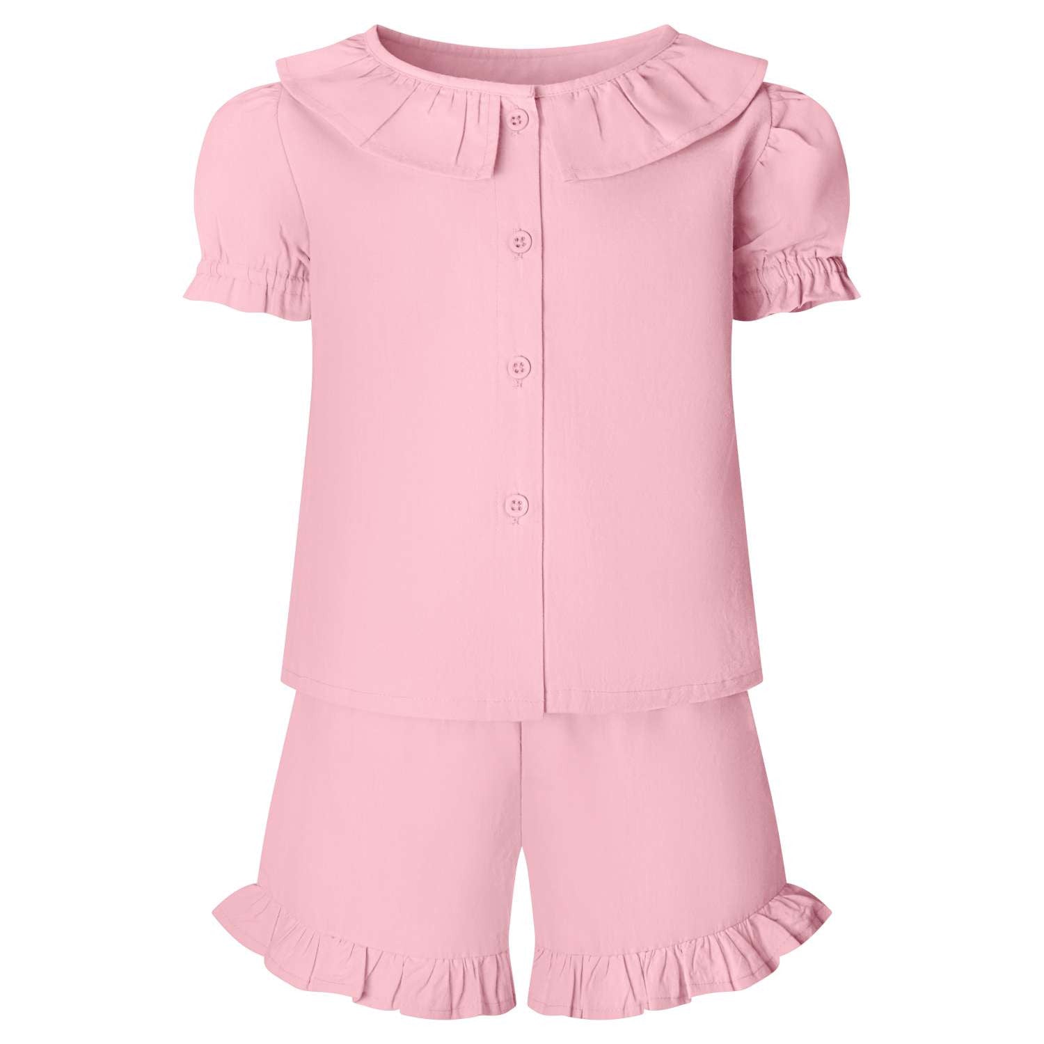 Buy Blank Wholesale Linen T-Shirt & Short Frill Set in Pastel Pink by Kids Wholesale Clothing ideal for personalisation with embroidery, HTV, DTF