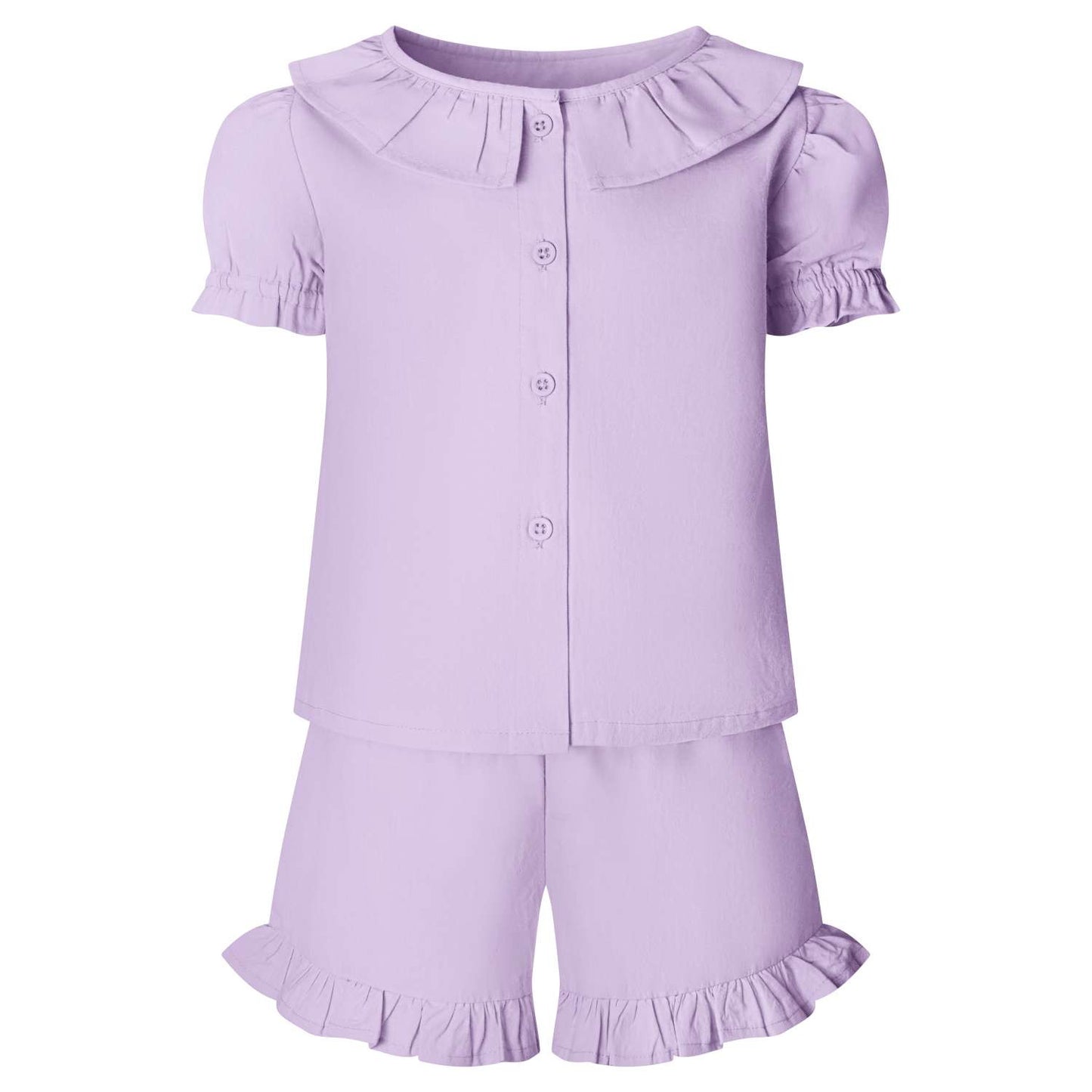Buy Blank Wholesale Linen T-Shirt & Short Frill Set in Pastel Purple by Kids Wholesale Clothing ideal for personalisation with embroidery, HTV, DTF