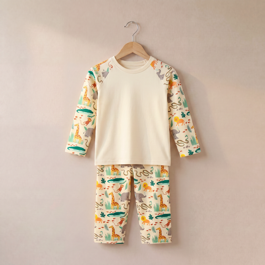 Safari Animals Print Long Raglan Sleeve Pyjama Set