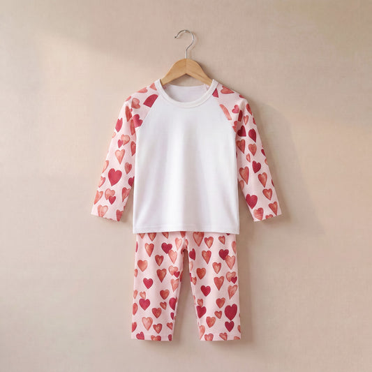 Love Hearts Print Long Raglan Sleeve Pyjama Set