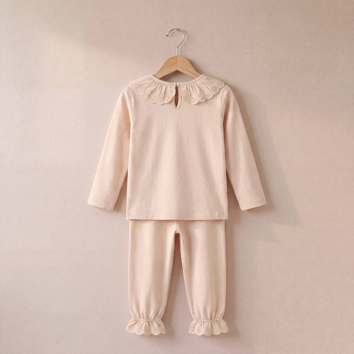Long Sleeve Frilled Pyjama Set in Natural