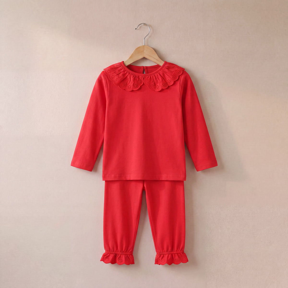 Long Sleeve Frilled Pyjama Set in Red