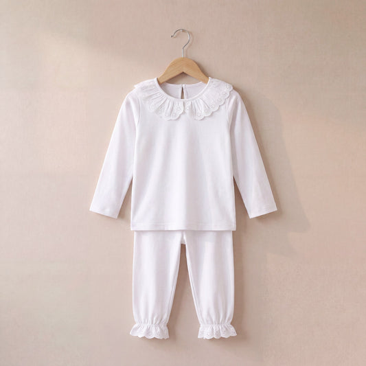 Long Sleeve Frilled Pyjama Set in White