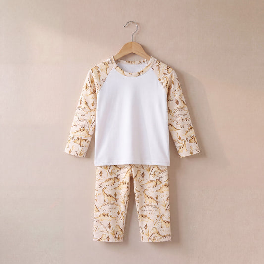 Neutral Dinosaurs Print Long Raglan Sleeve Pyjama Set