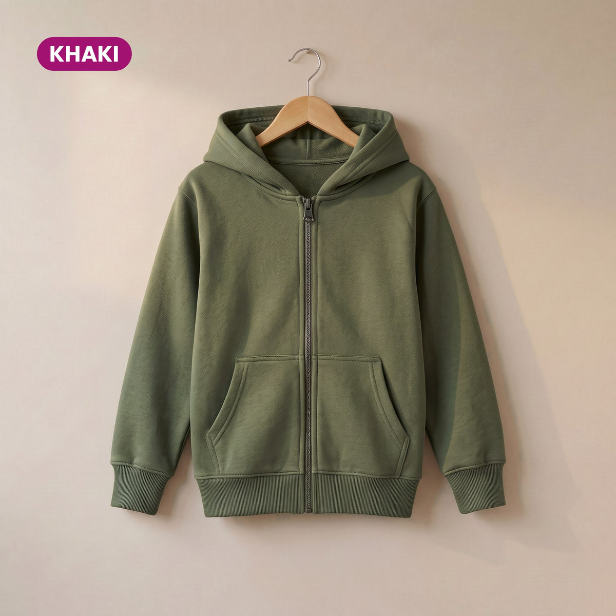 Kids Zip Up Hoodie in Khaki