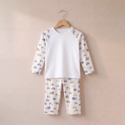 Neutral Cars Print Long Raglan Sleeve Pyjama Set