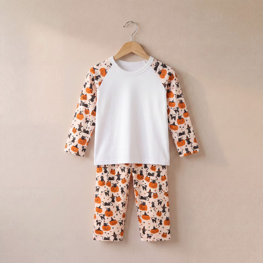 Pumpkin & Cats Print Long Raglan Sleeve Pyjama Set