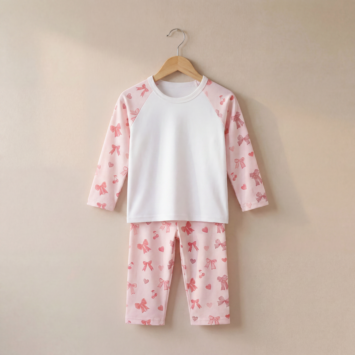 Bow Print Long Raglan Sleeve Pyjama Set