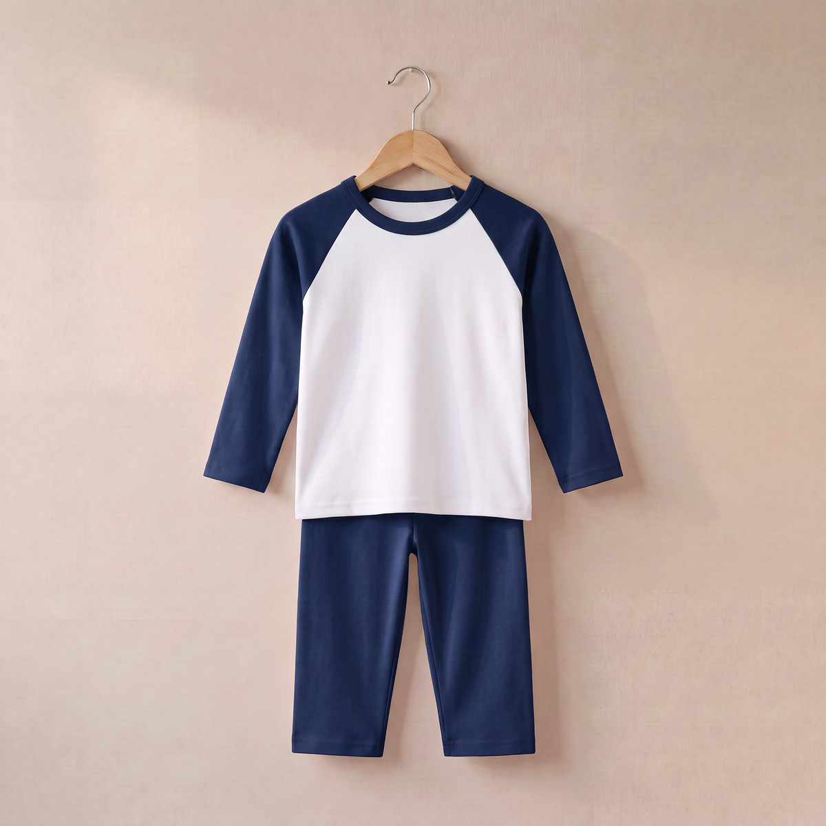 Long Raglan Sleeve Pyjama Set - Plain in Navy