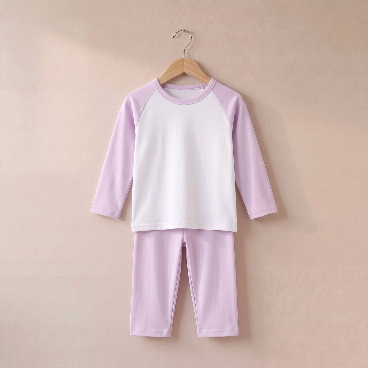 Long Raglan Sleeve Pyjama Set - Plain in Pastel Purple