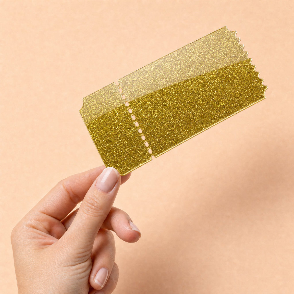 3mm gold glitter acrylic ticket blank, 145mm x 69mm, for UVDTF, HTV and sublimation personalisation, KWC7828GG