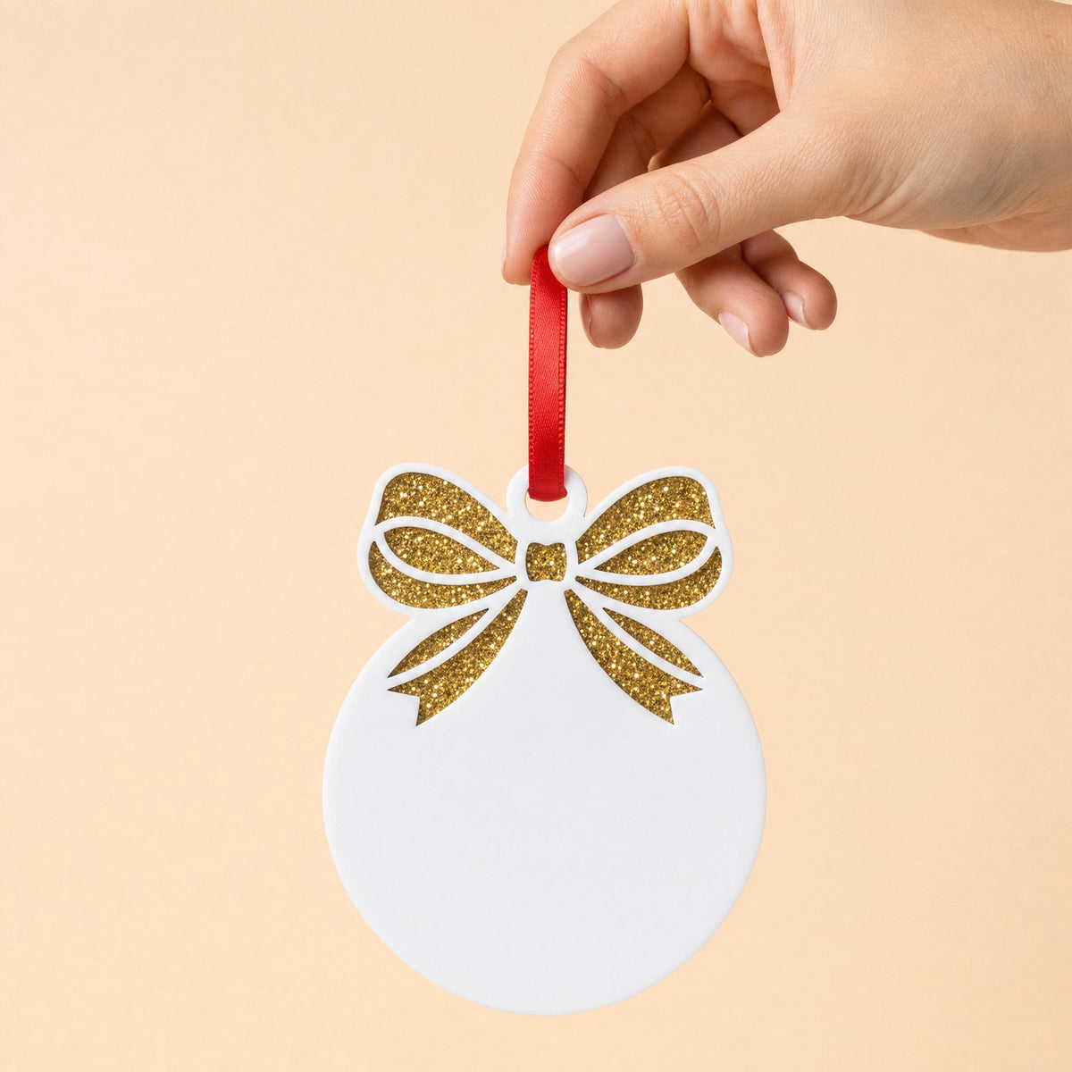 Bow bauble acrylic Christmas decoration, white bauble with gold glitter acrylic bow backing and red ribbon, KWC6342GO