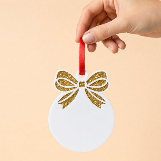 Bow bauble acrylic Christmas decoration, white bauble with gold glitter acrylic bow backing and red ribbon, KWC6342GO