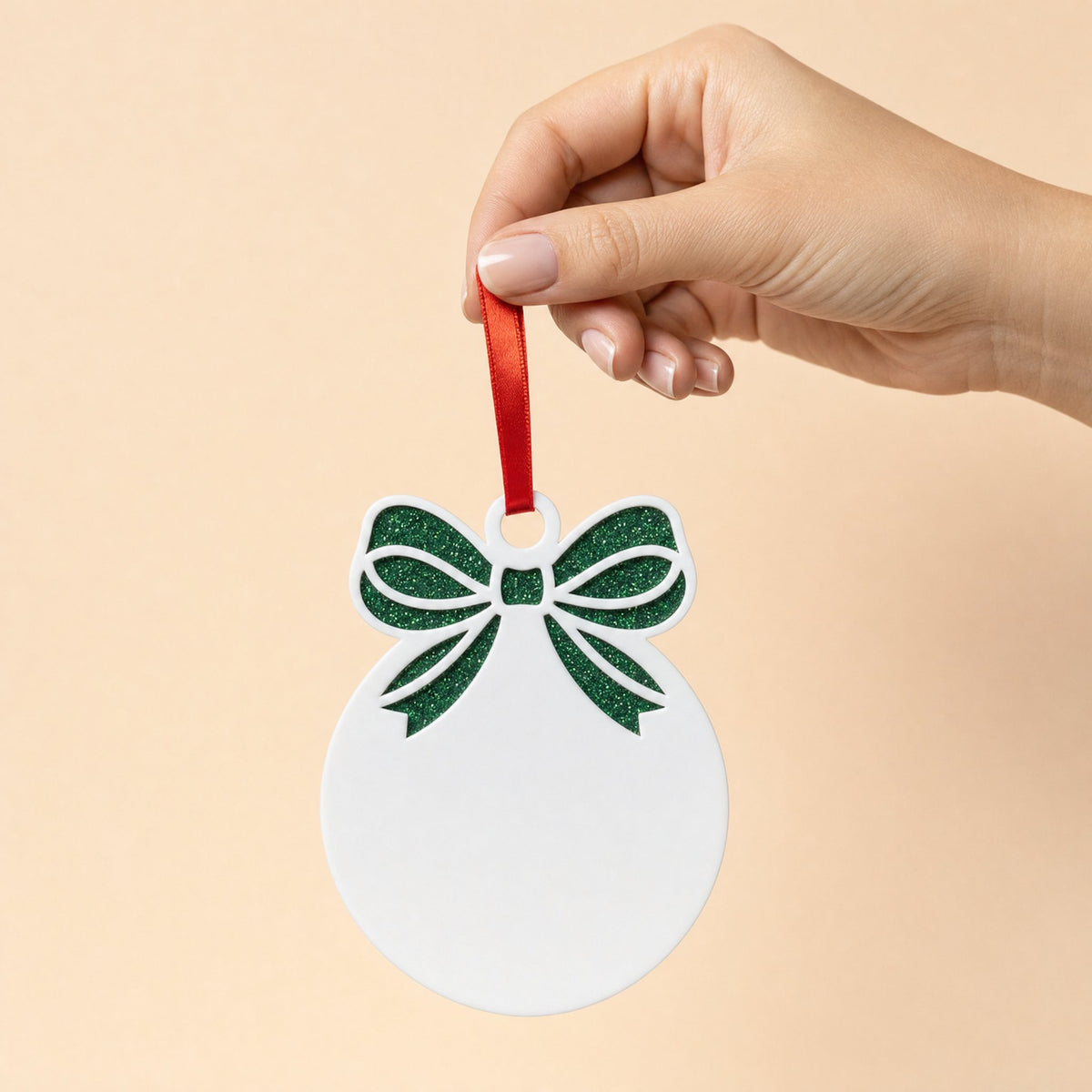Bow bauble acrylic Christmas decoration, white bauble with green glitter acrylic bow backing and red ribbon, KWC6342GR