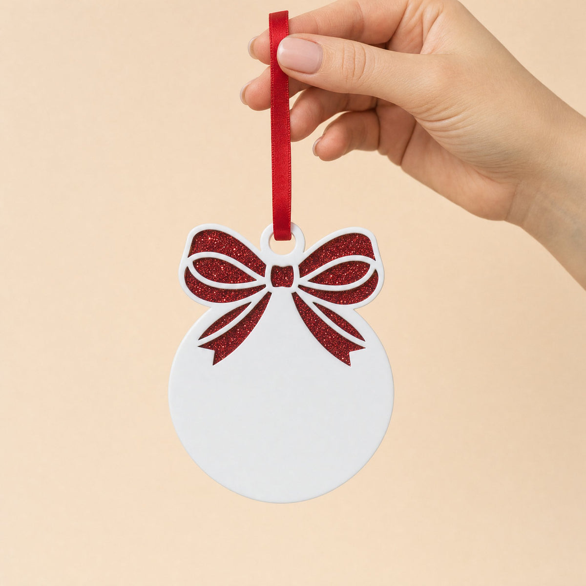 Bow bauble acrylic Christmas decoration, white bauble with red glitter acrylic bow backing and red ribbon, KWC6342RE