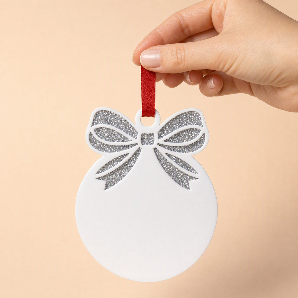 Bow bauble acrylic Christmas decoration, white bauble with silver glitter acrylic bow backing and red ribbon, KWC6342SG