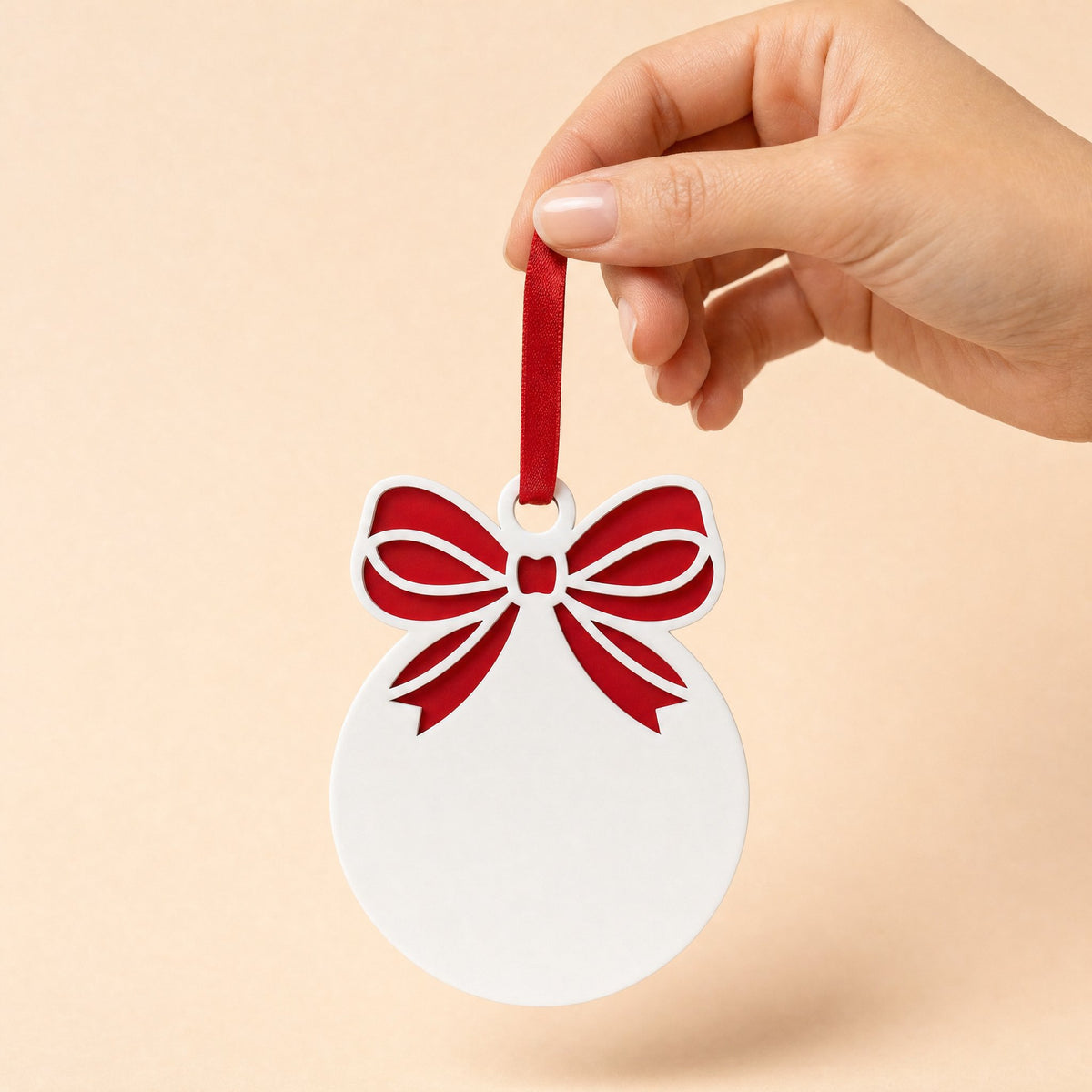 Bow bauble acrylic Christmas decoration, white bauble with transparent red acrylic bow backing and red ribbon, KWC6342TR