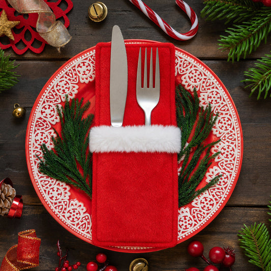 Red plush fabric Christmas cutlery holder with white fur trim holding a knife and fork on a festive table setting - wholesale blank for personalisation, KWC4867