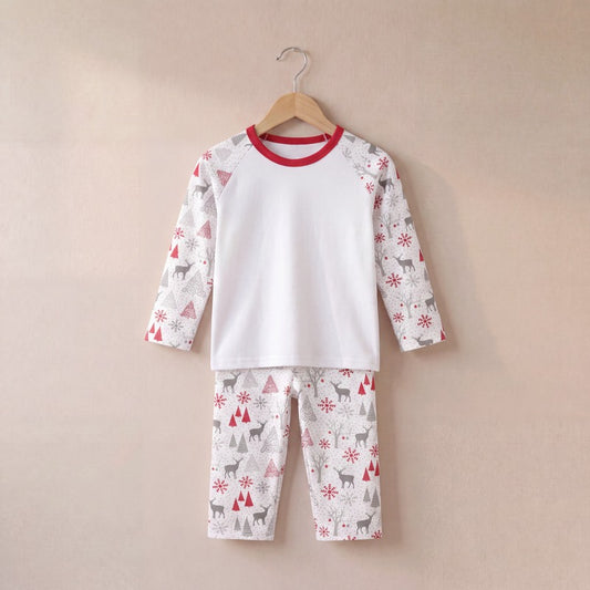 Grey and Red Reindeer Print Pyjama Set on a hanger