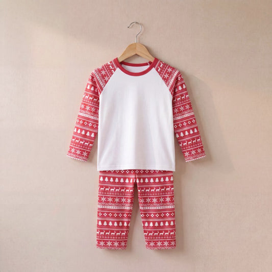 Red Christmas Inspired Design Pyjama Set on a hanger