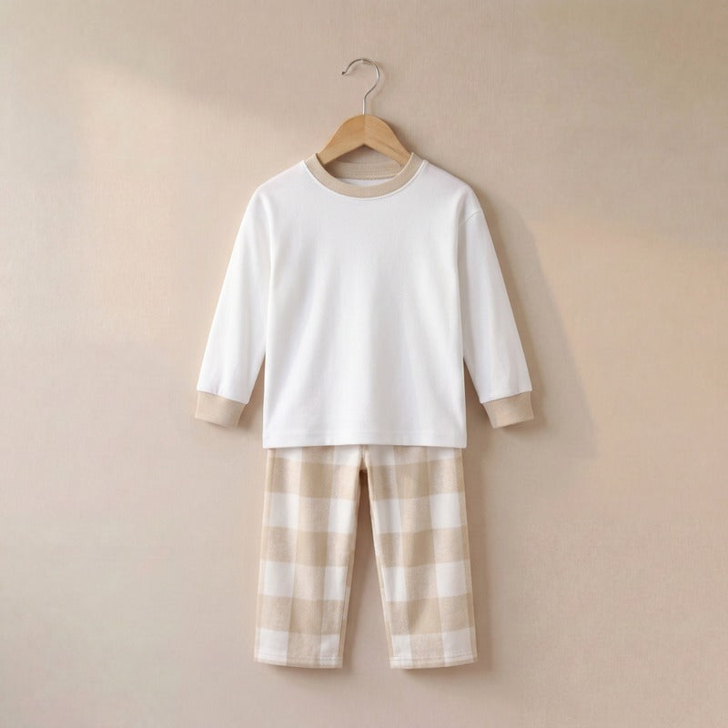 Children's Check Bottom Pyjama Set in Beige