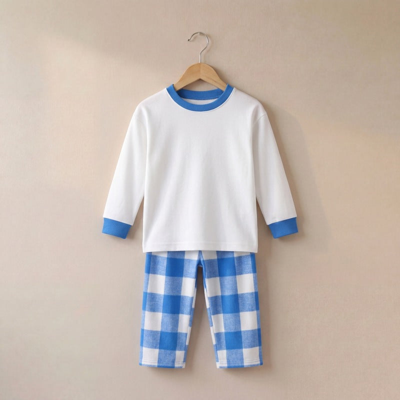 Children's Check Bottom Pyjama Set in Blue