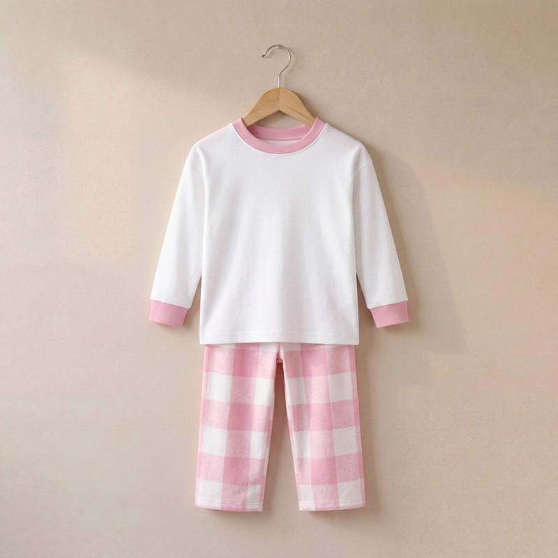 Children's Check Bottom Pyjama Set in Pink