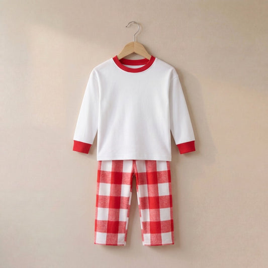 Children's Check Bottom Pyjama Set in Red