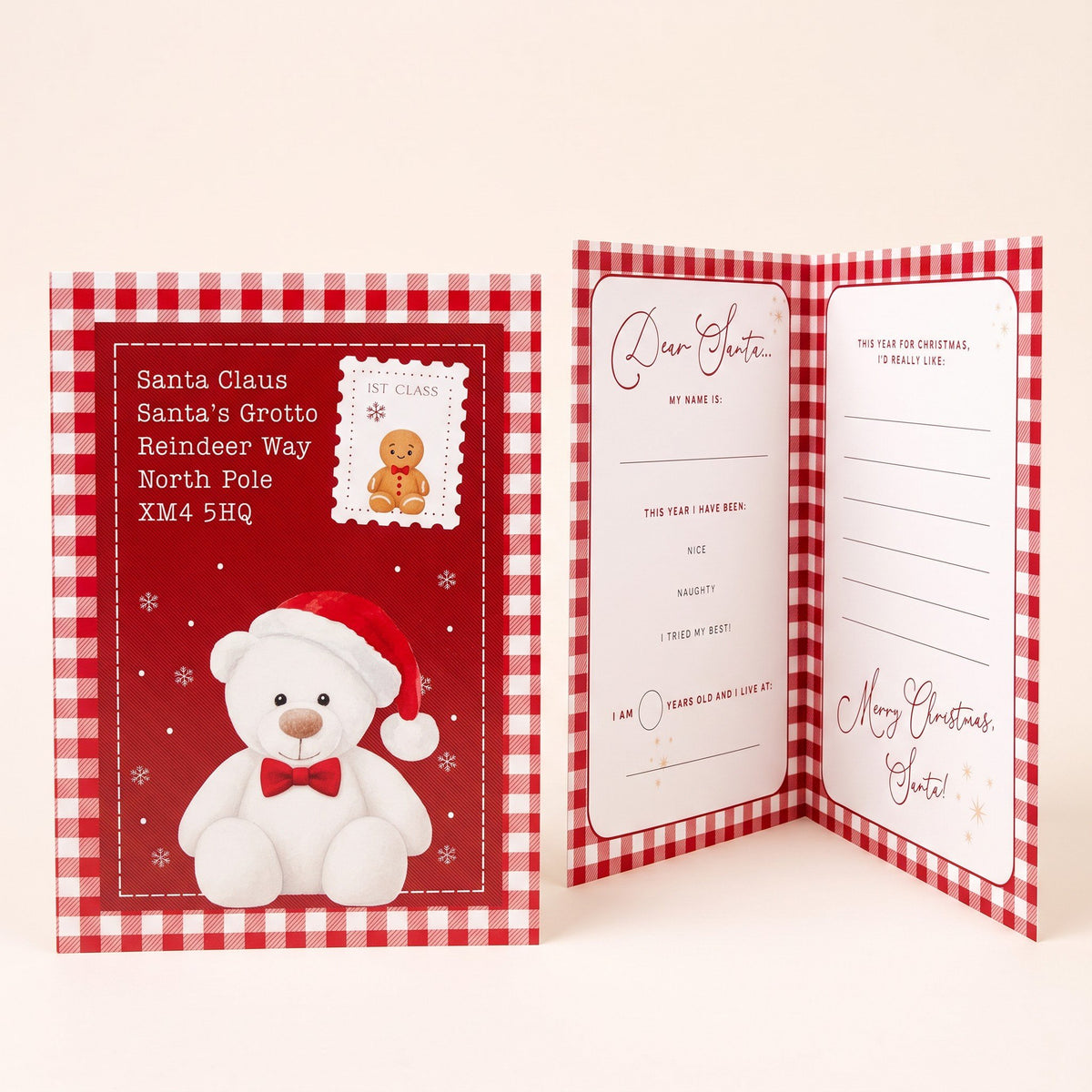 Letters to Santa printed card, front cover with Tummi Bears Tinsel the Christmas Bear and Snap the Gingerbread Man stamp, shown with open inside pages, KWC4812