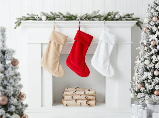 Plain Christmas stockings in neutral, red and white hanging from a white mantelpiece with festive garland - wholesale blanks for sublimation, embroidery, HTV and DTF, KWC8854
