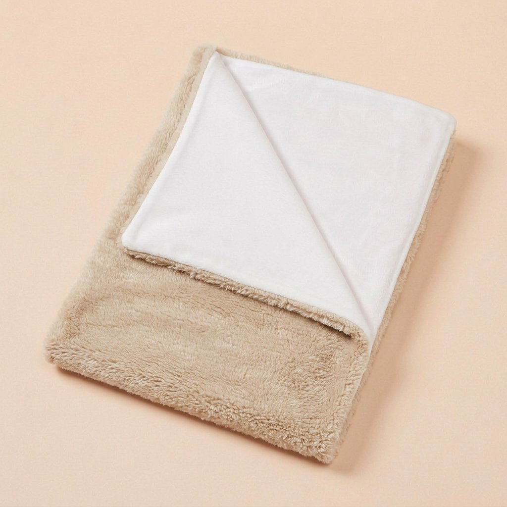 Natural beige reversible polyester fleece blanket shawl folded to show white sublimation side and beige plush side - wholesale blank for sublimation, DTF and HTV, KWC7256NA