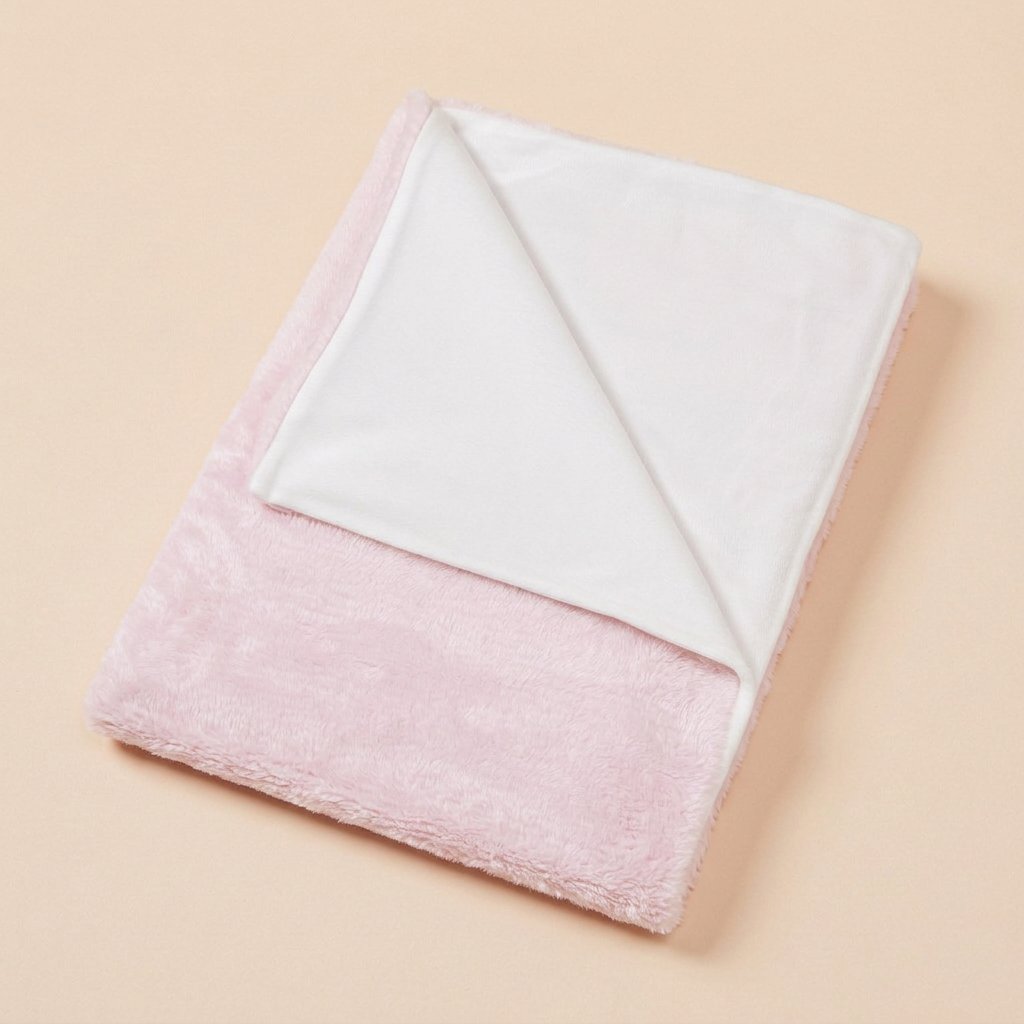 Pink reversible polyester fleece blanket shawl folded to show white sublimation side and pink plush side - wholesale blank for sublimation, DTF and HTV, KWC7256P
