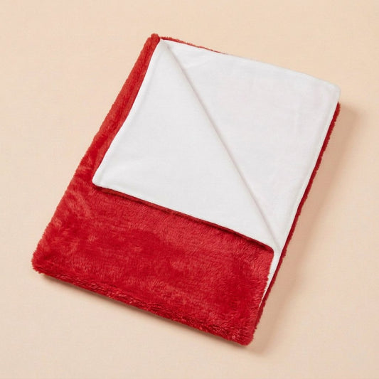 Red reversible polyester fleece blanket shawl folded to show white sublimation side and red plush side - wholesale blank for sublimation, DTF and HTV, KWC7256R