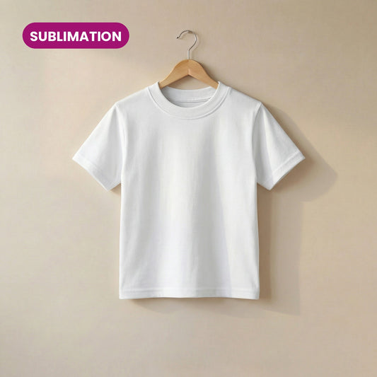Sublimation Baby and Toddler T-Shirt in white, blank polyester-cotton tee on a hanger