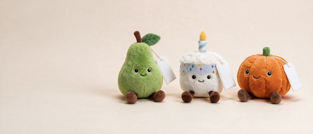TagTales plush characters with blank tags: pear, birthday cake and pumpkin