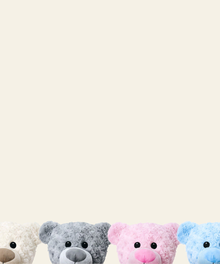 Tummi Bears soft toys in cream, grey, pink and blue