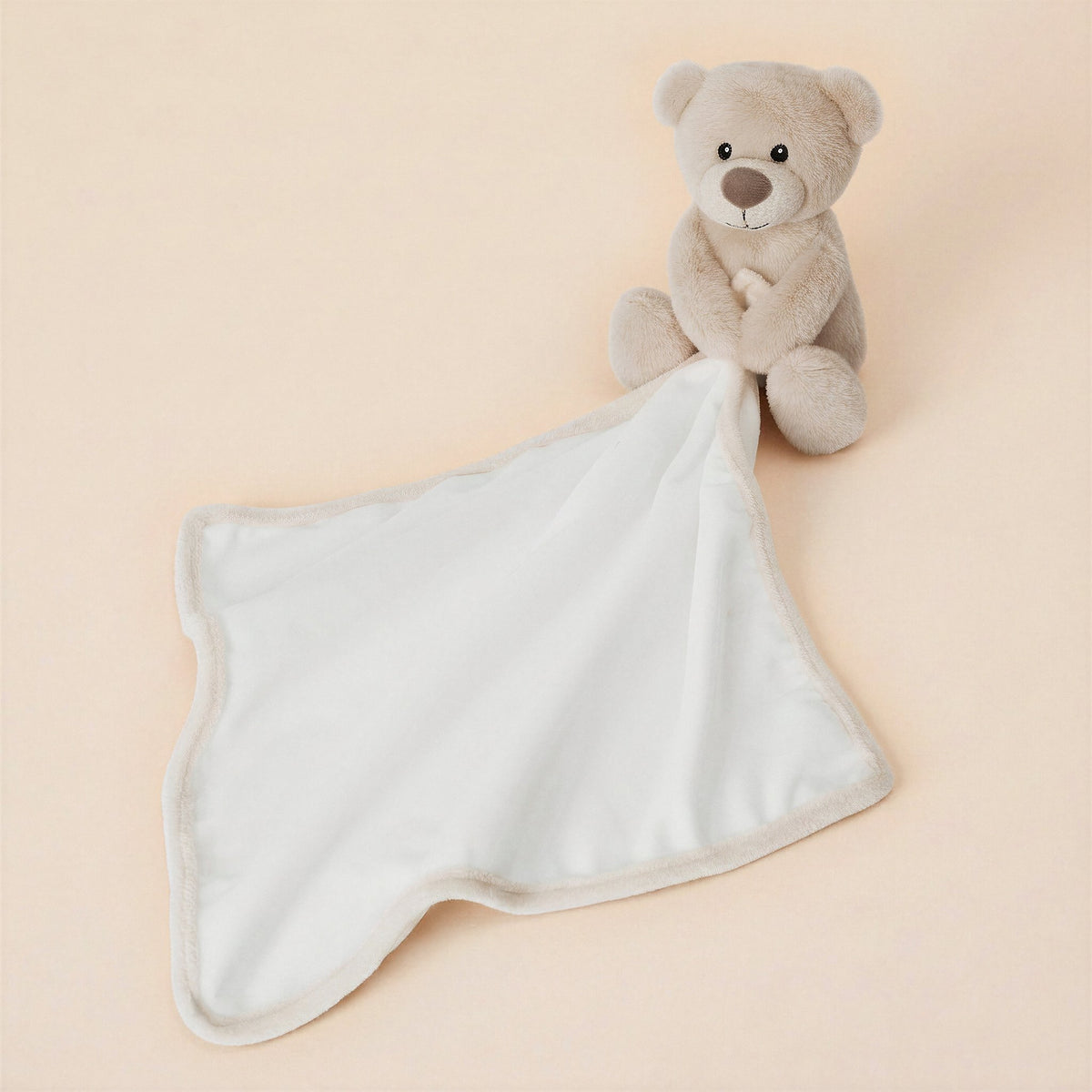 Tummi Bears beige teddy bear comforter with white sublimation blanket and beige trim on a studio background - wholesale blank for sublimation, embroidery and personalisation, KWC3588BE