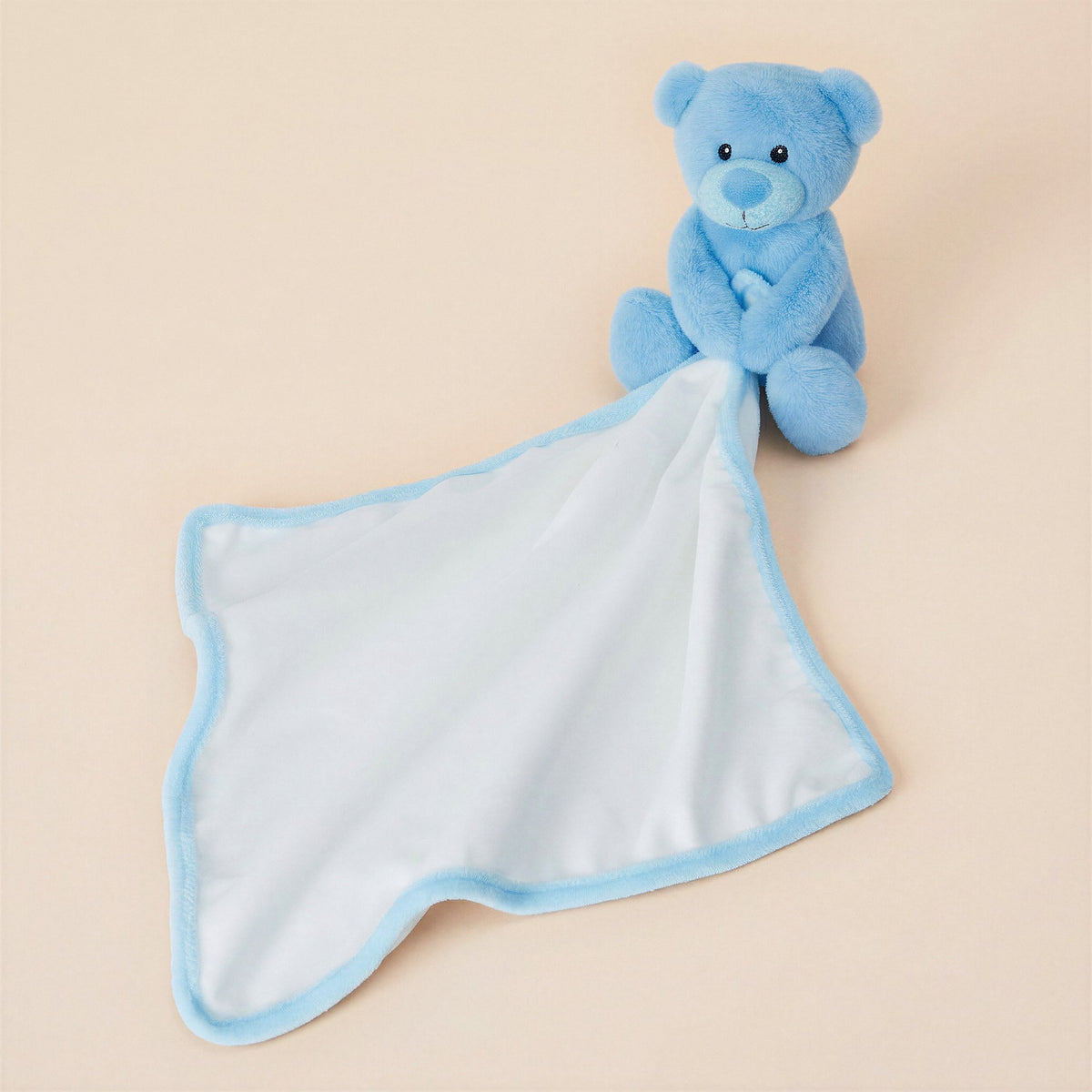 Tummi Bears blue teddy bear comforter with white sublimation blanket and blue trim on a studio background - wholesale blank for sublimation, embroidery and personalisation, KWC3588B