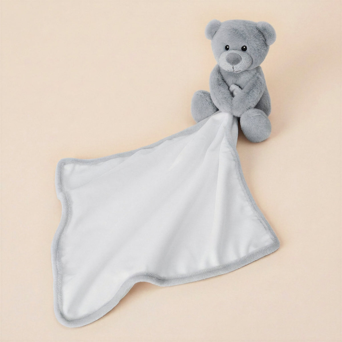 Tummi Bears grey teddy bear comforter with white sublimation blanket and grey trim on a studio background - wholesale blank for sublimation, embroidery and personalisation, KWC3588G