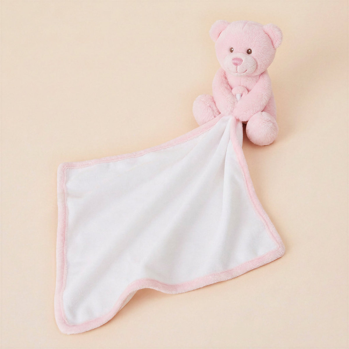 Tummi Bears pink teddy bear comforter with white sublimation blanket and pink trim on a studio background - wholesale blank for sublimation, embroidery and personalisation, KWC3588P